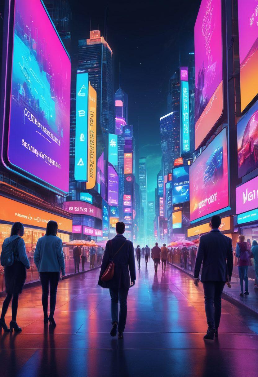 A futuristic digital landscape showcasing a diverse group of people engaging with various online insurance platforms on sleek devices. Display virtual icons representing cyber insurance, policy management, and premium calculations floating around them, highlighting the impact of technology. The scene is set against a vibrant cityscape filled with digital billboards and bright neon lights to emphasize the 'Digital Age'. super-realistic. vibrant colors. 3D.