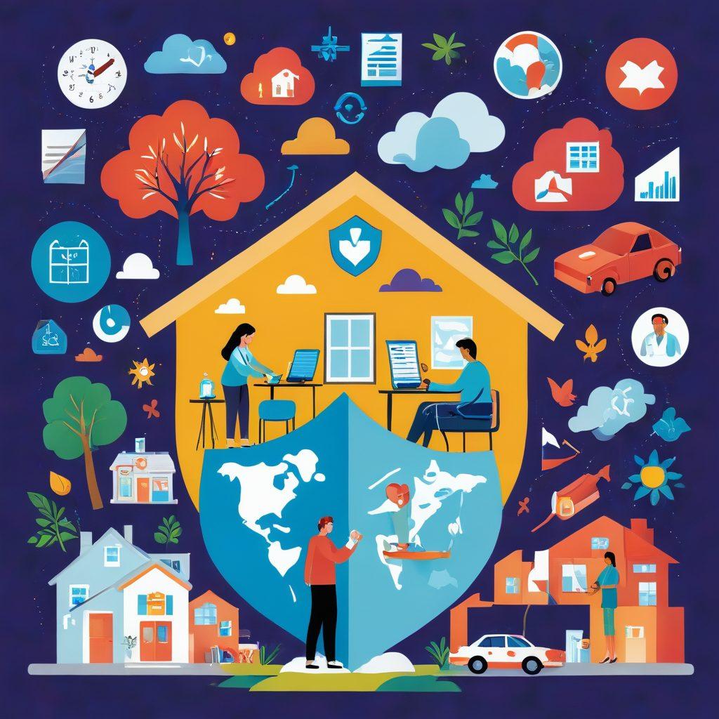 A visually engaging collage illustrating three main areas of insurance: health, home, and life. On one side, a comforting home with a protective shield symbol; in the center, a vibrant depiction of a doctor or healthcare professional assisting a patient; and on the other, a serene scene of a family enjoying life together. Incorporate elements such as documents, calculators, and a globe to symbolize global coverage insights. dynamic and colorful. vector art.